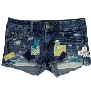 American Eagle Cut Off Jean Shorts Patchwork Boho Distressed Flower Bee Boho